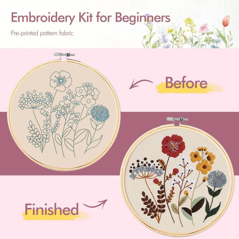 wtisan Embroidery Kit, 4 Sets Embroidery Kit for Beginners with Stamped Flower Pattern, Cross Stitch Starter Kits for Adults Hand Craft Lover with Embroidery Hoop, Instructions and Threads - Image 3
